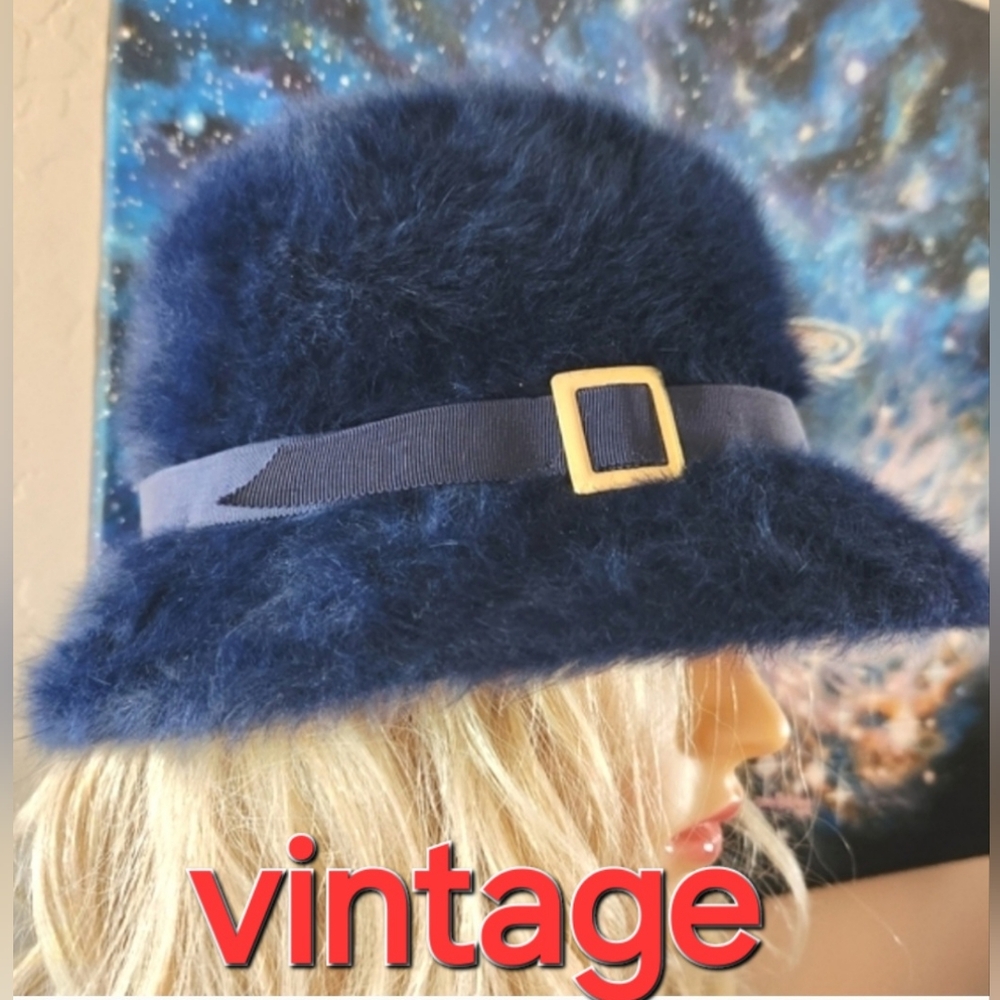 KANGOL Vtg NAVY Furgora Rachel Angora Bucket Hat Buckle England Furry EUVC